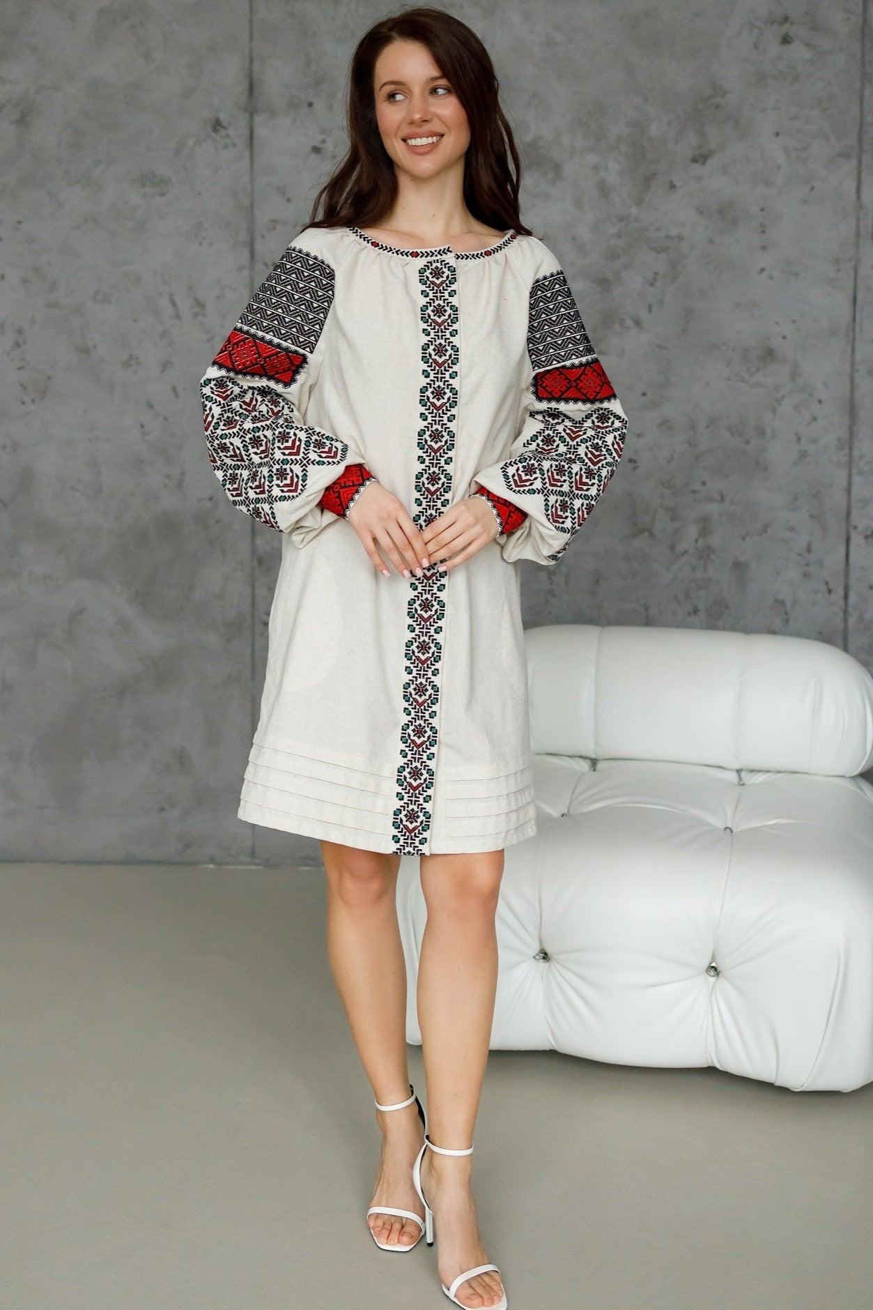 Ukrainian embroidered linen dress Podillia XLarge / Beige Ukrainian embroidered linen dress Podillia XLarge / Beige
