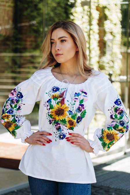 Ukrainian women's embroidered blouse "Sunflower bouquet" white