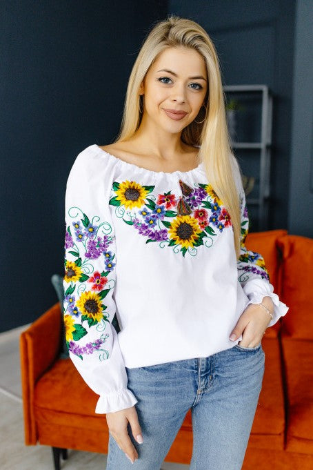 Ukrainian women's embroidered blouse "Sunflowers" white