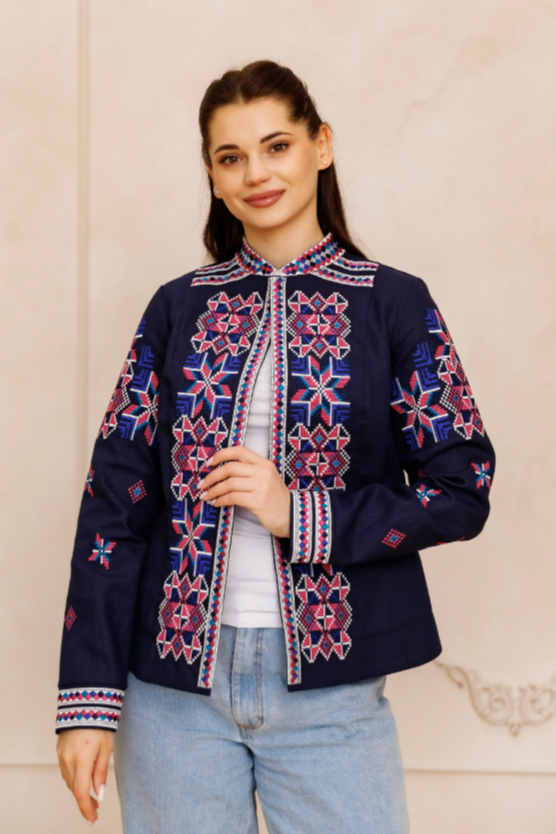 Ukrainian women's embroidered Eco jacket Navy blue