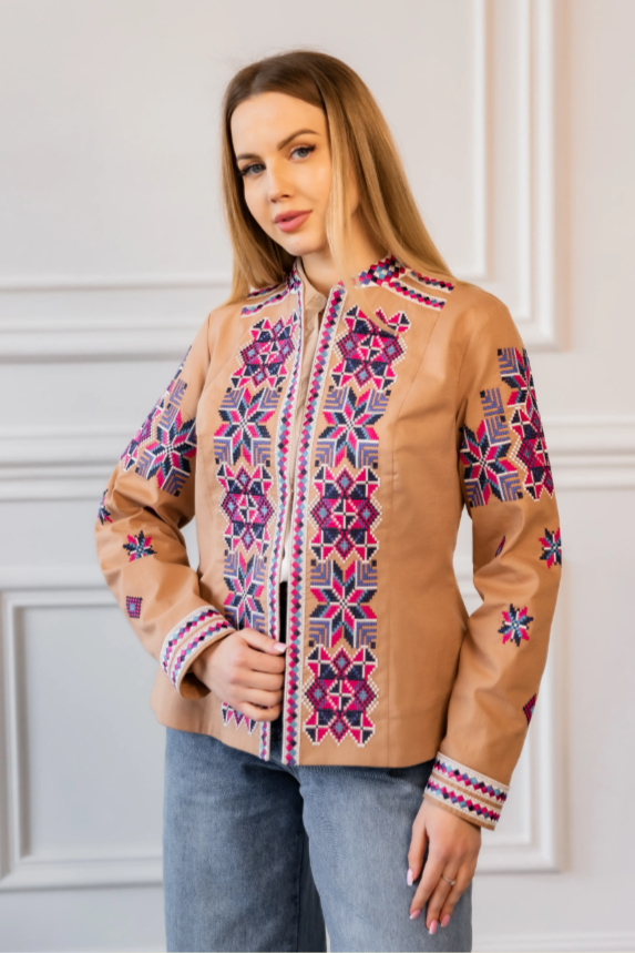 Ukrainian women's embroidered Eco jacket beige