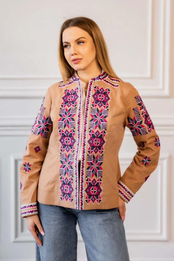 Ukrainian women's embroidered Eco jacket beige