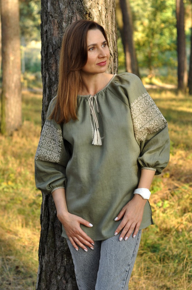 Women's 3/4 sleeve linen Vyshyvanka. Military