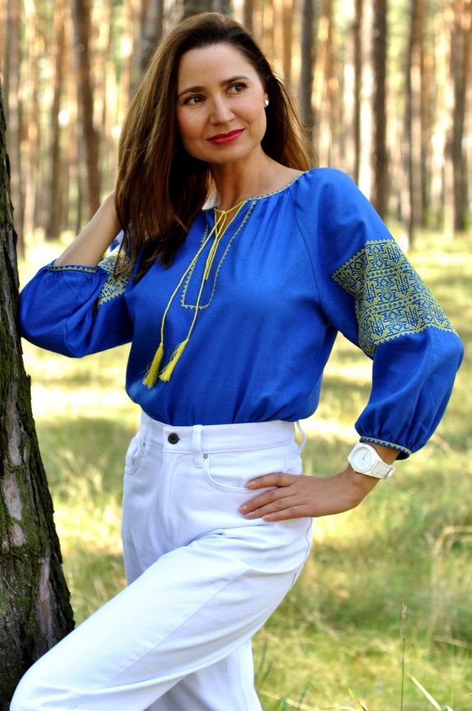Women's 3/4 sleeve patriotic Vyshyvanka. Blue