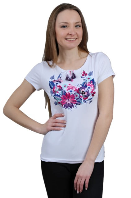 Women's short sleeve white shirt with floral embroidery "Purple Petrykivka"