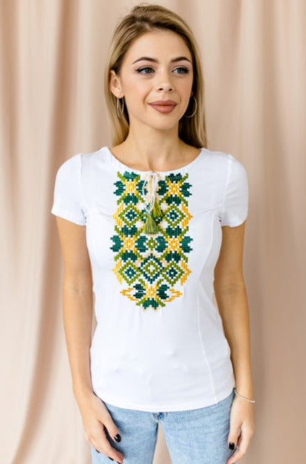 Women's short sleeve white shirt with cross-stitch embroidery. Green