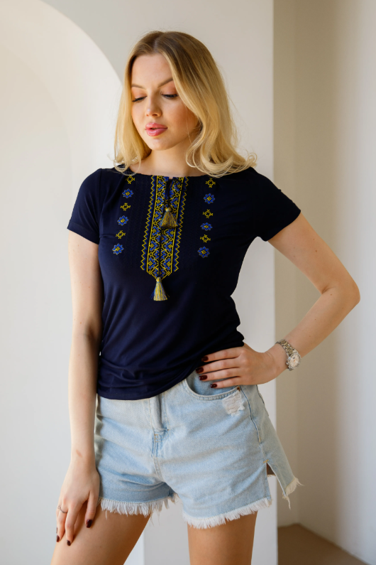 Women's short sleeve navy shirt with cross-stitch embroidery. Blue and yellow