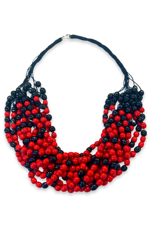 Artisan crafted wooden necklace. Red and black
