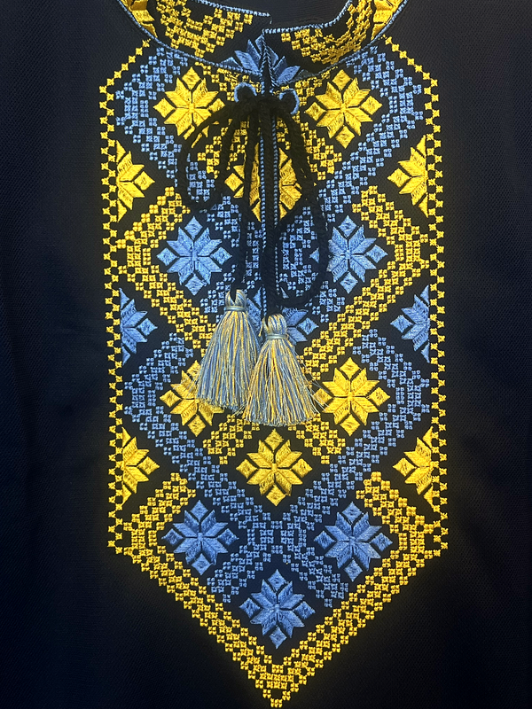 Men's short sleeve navy shirt with blue & yellow embroidery Ukie Style