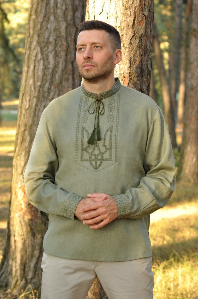 Men's embroidered linen shirt "Tryzub" military