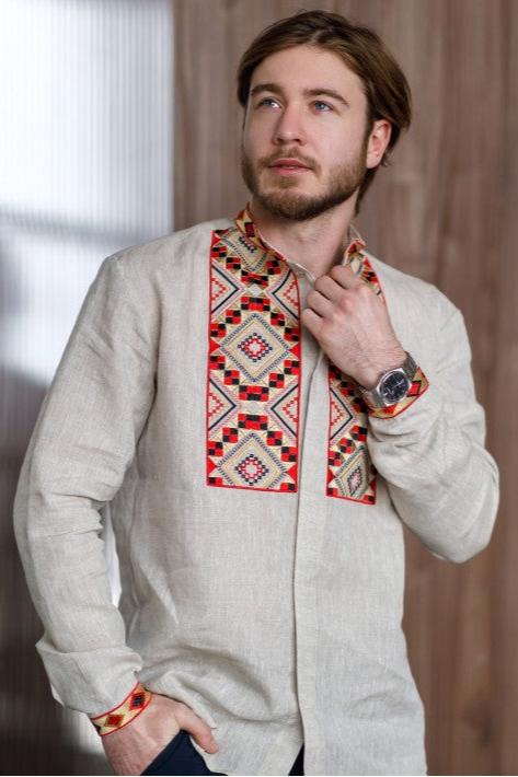 Men's linen Vyshyvanka with red, black & gold embroidery