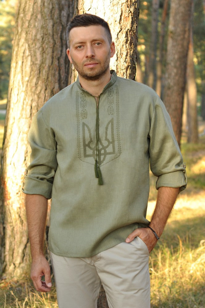Men's embroidered linen shirt "Tryzub" military