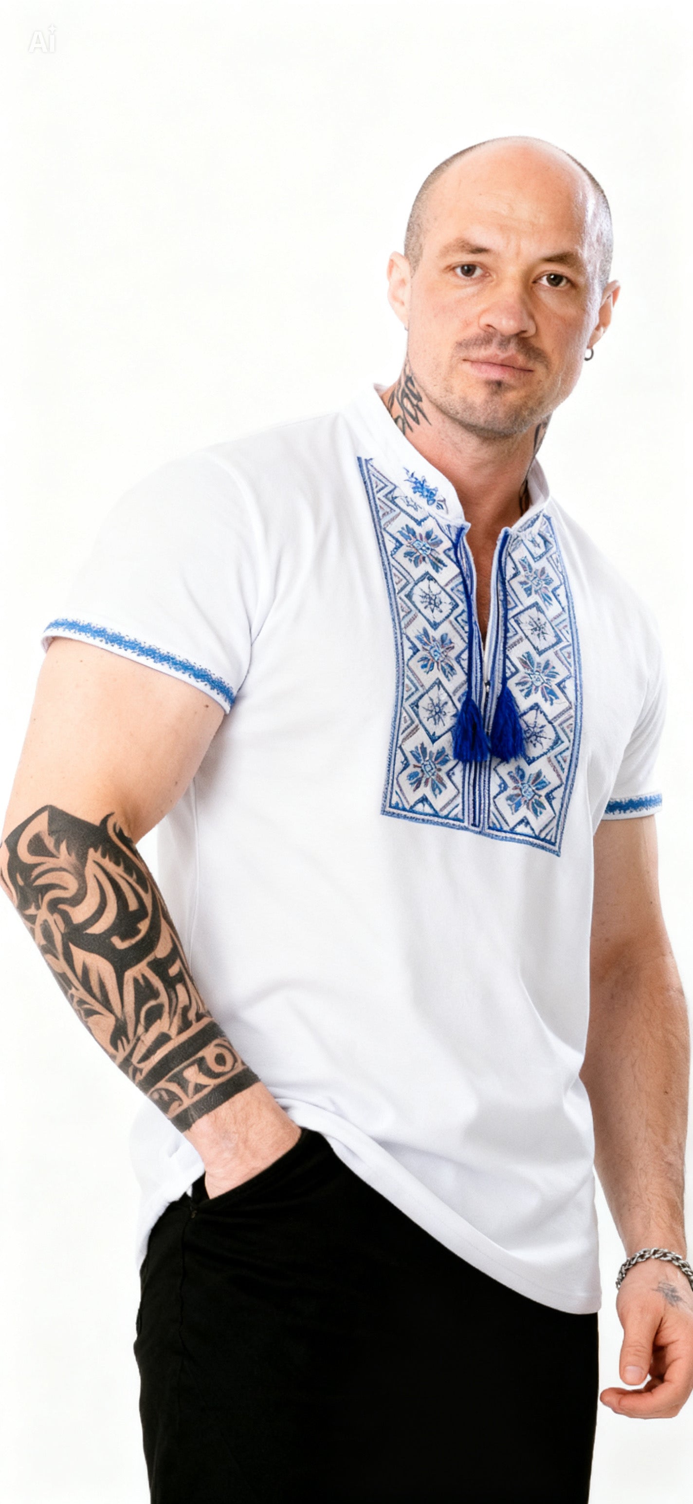 Men's short sleeve white shirt with blue embroidery