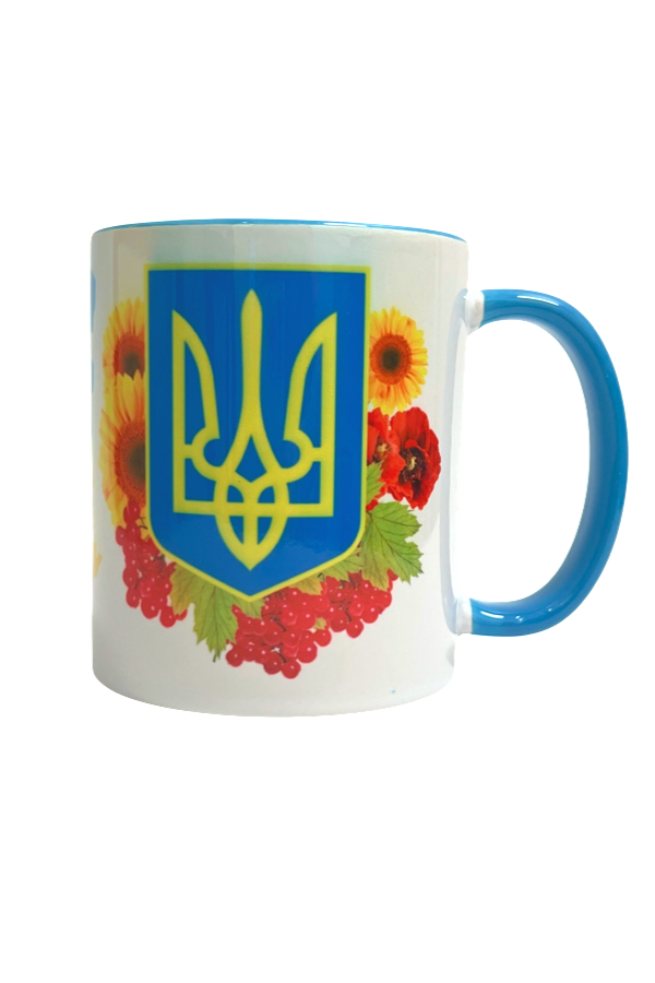 Customized blue handle coffee mug 11 oz.