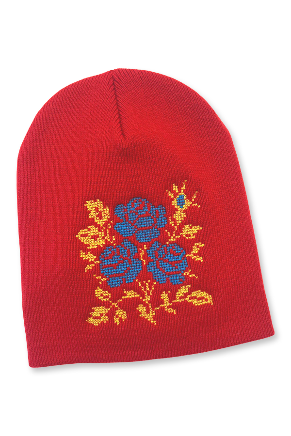 Knitted embroidered beanie hat "Roses" Red
