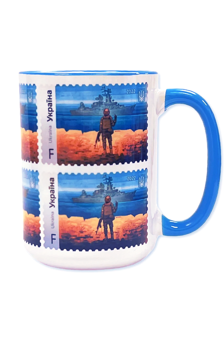 Customized premium blue handle ceramic coffee mug 15 oz.