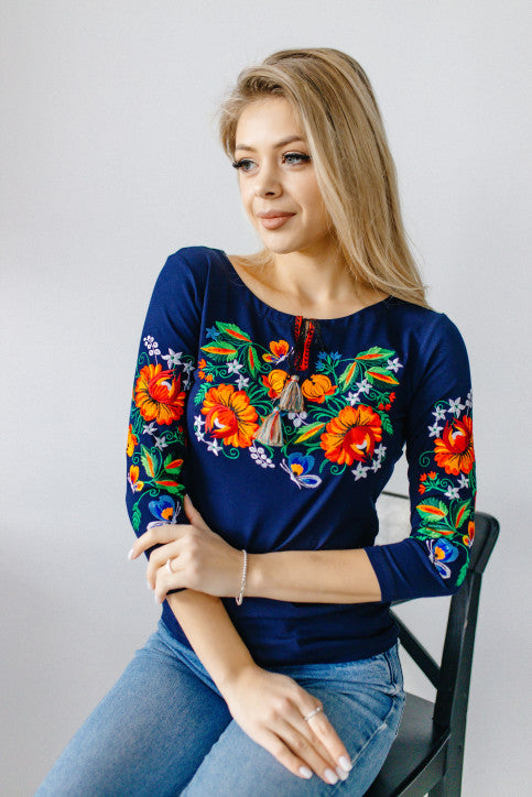 Women's 3/4 sleeve shirt with real embroidery "Magic flowers". Navy