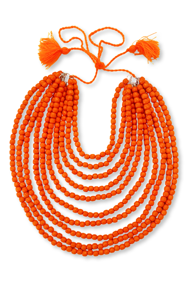 Artisan crafted wooden bead 10-strand necklace. Orange