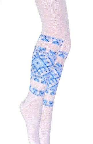 Girl's dress tights with blue embroidery design. White. 6 months