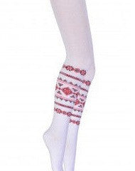 Girl's dress tights with red embroidery design. White.