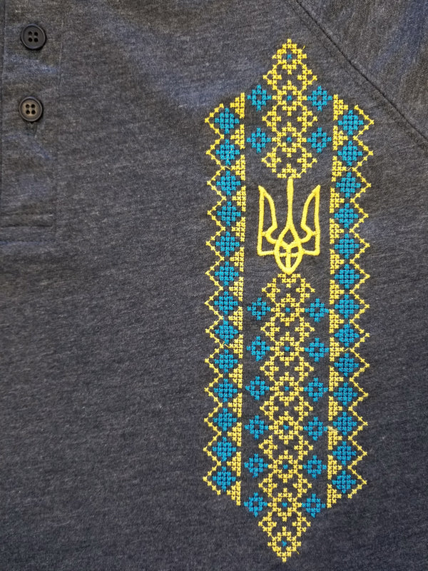 Adult long sleeve embroidered henley shirt "Tryzub & cross stitch
