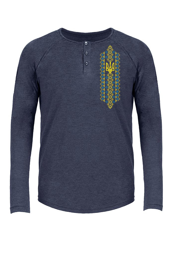Adult long sleeve embroidered henley shirt "Tryzub & cross stitch"