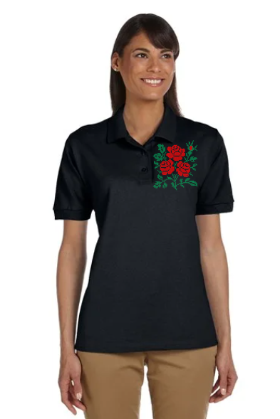 Women's polo shirt "Cross stitch roses" black
