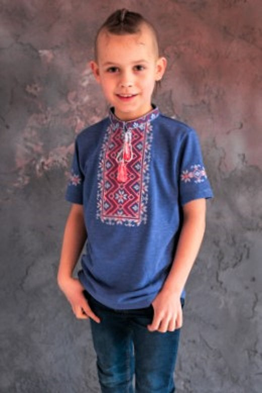 Boy's short sleeve blue shirt with red embroidery