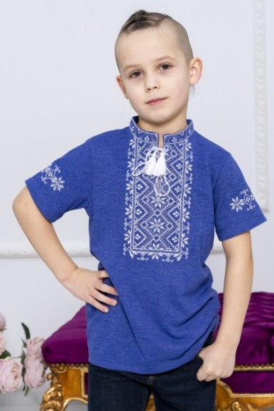 Boy's short sleeve blue shirt with white embroidery