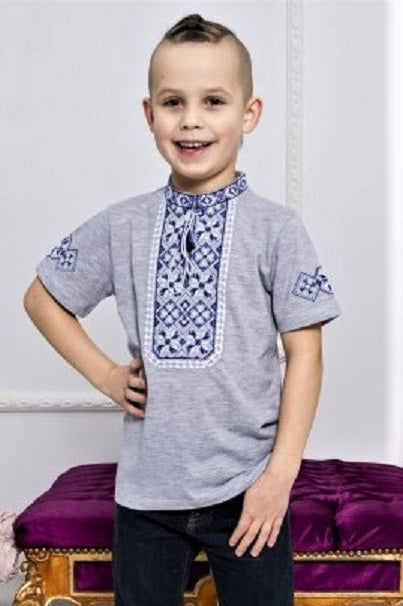 Boy's short sleeve grey shirt with blue embroidery