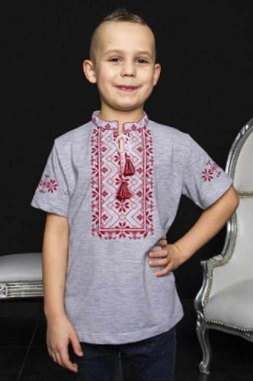 Boy's short sleeve grey shirt with red embroidery