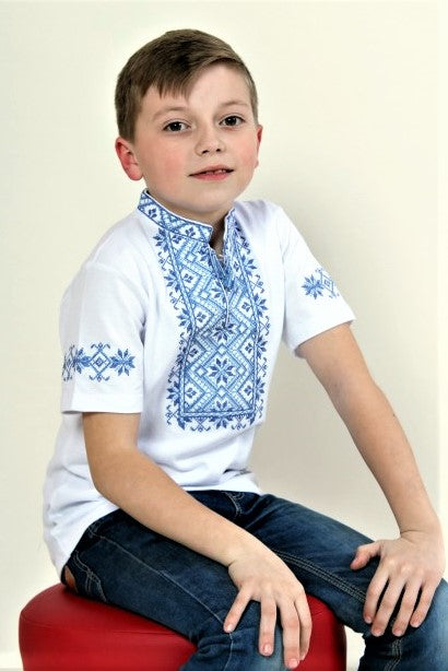 Boy's short sleeve white shirt with blue embroidery