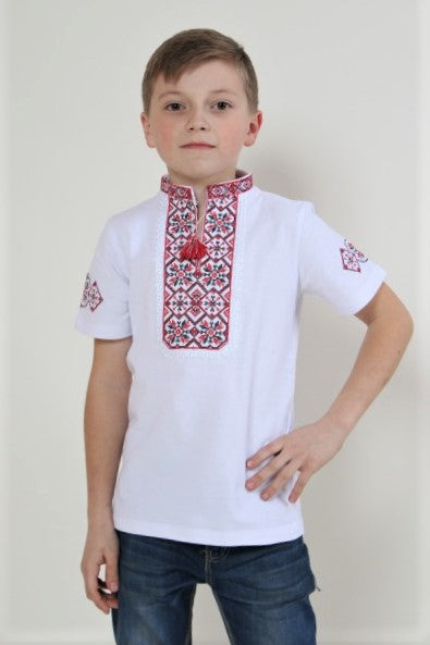 Boy's short sleeve white shirt with red embroidery