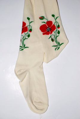 Girl's dress tights with Poppy flower design. Cream