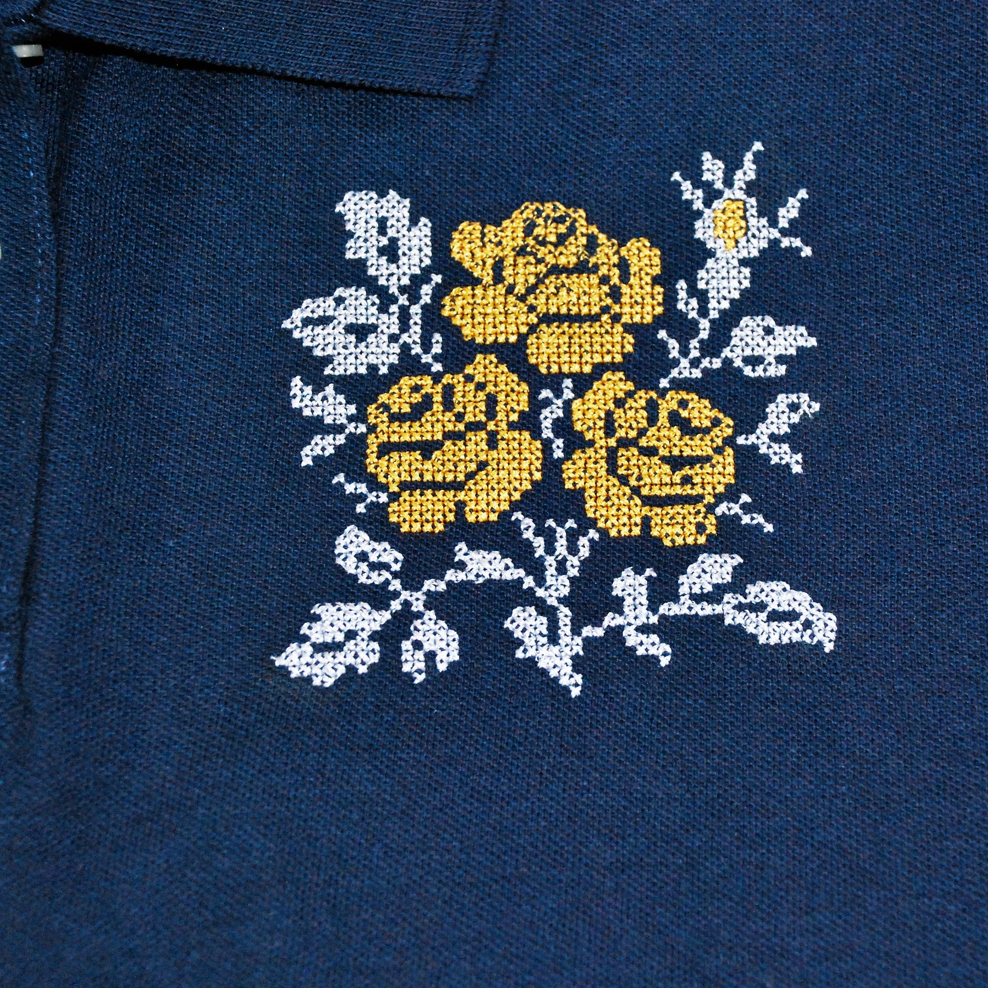 Women's polo shirt "Cross stitch roses" navy blue