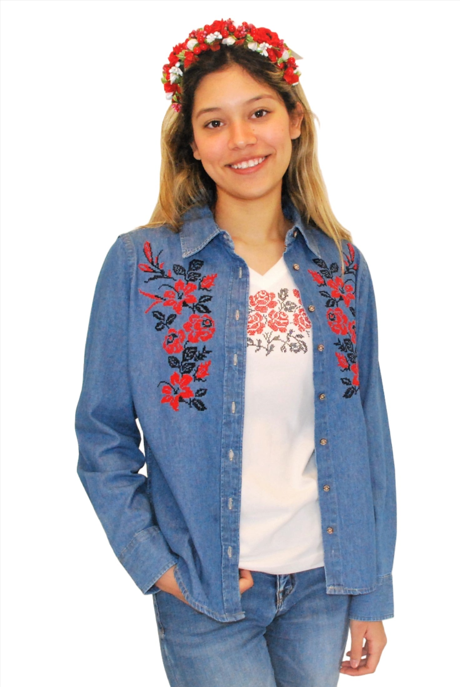 Buy online Floral Embroidered Denim Shirt from western wear for Women by  Oxolloxo for ₹599 at 65% off | 2024 Limeroad.com