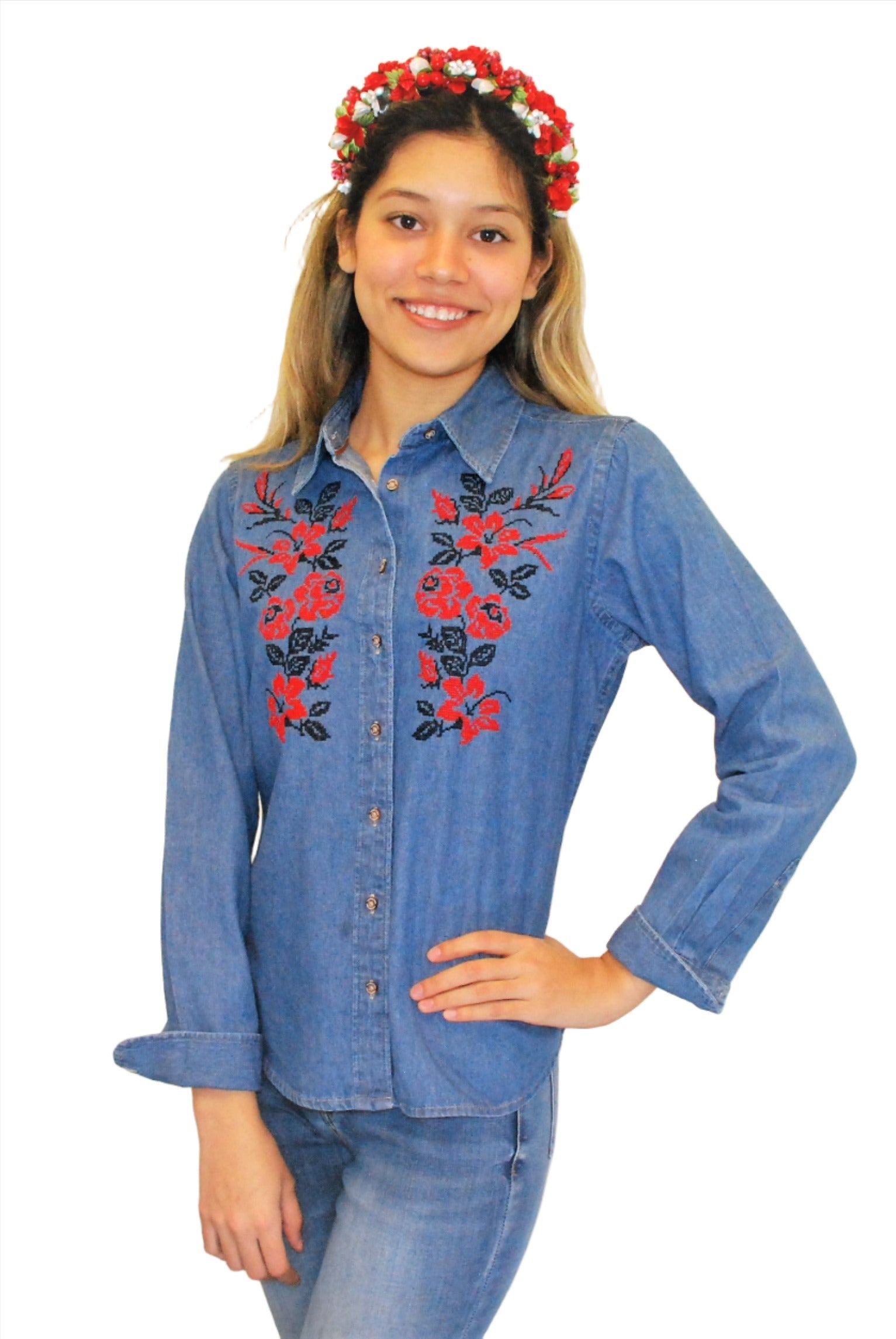 Embroidered cabin creek denim shirt size petite ex | Nuuly Thrift