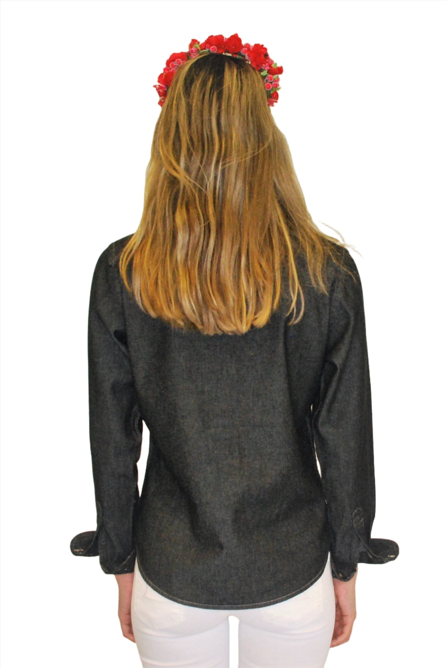 Women's embroidered black denim shirt