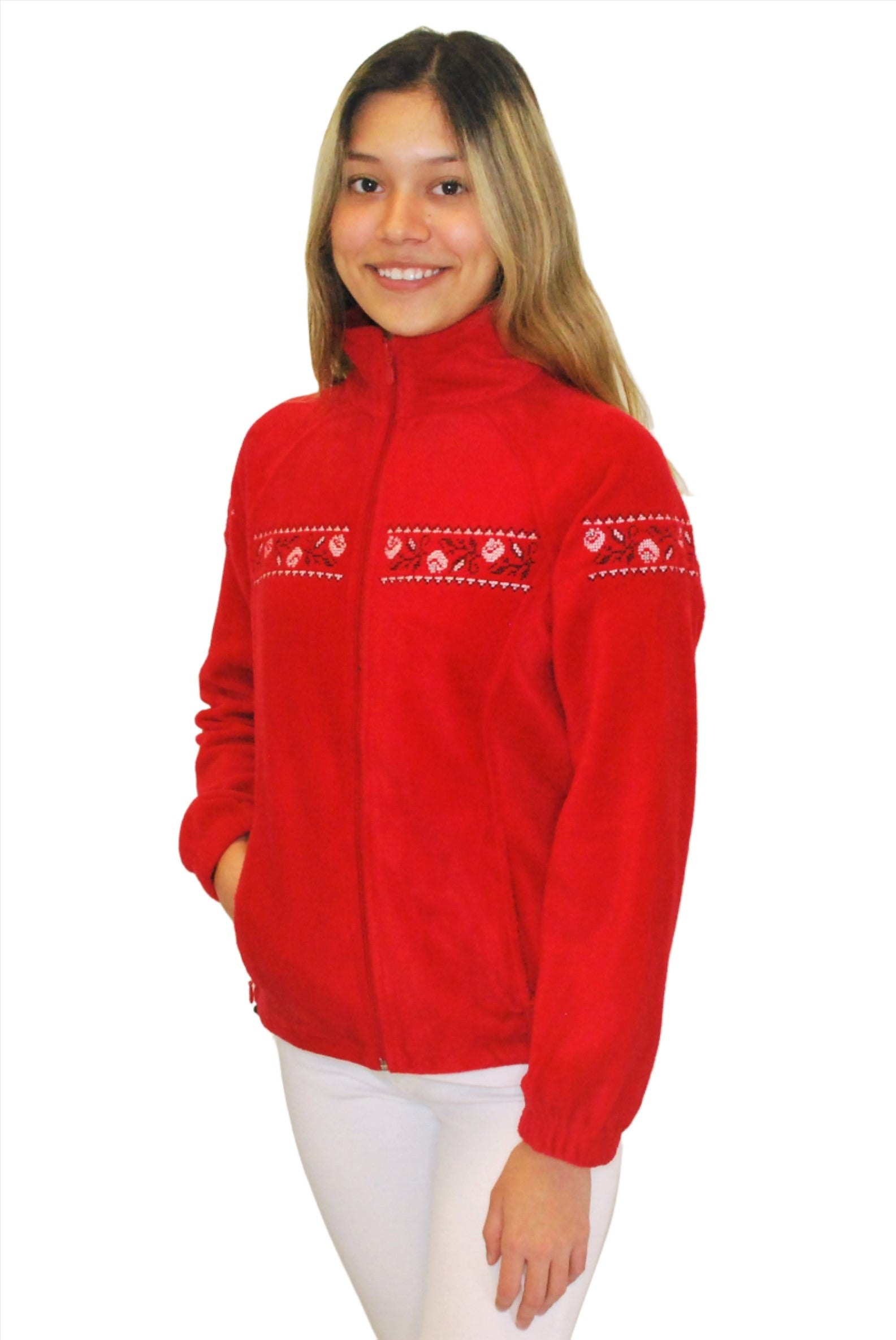 Women's embroidered full-zip fleece jacket. Red