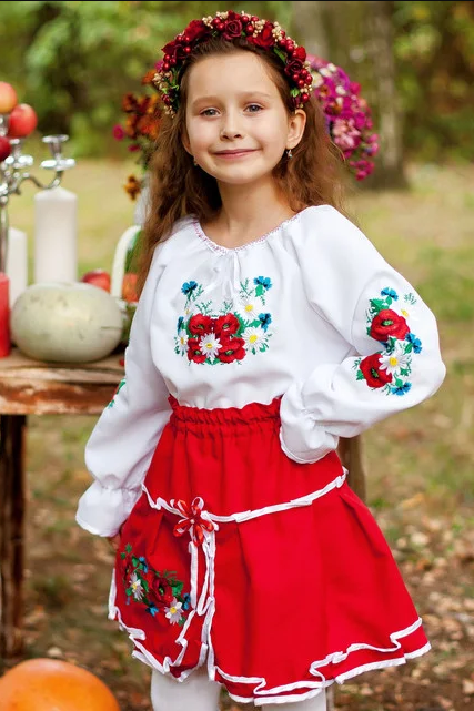 Ukrainian embroidered costume set for girls. Red
