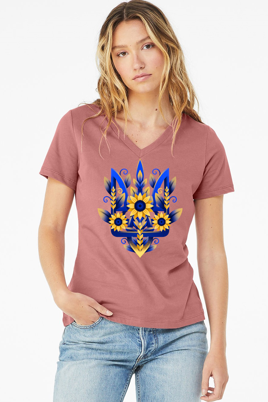 Female fit v-neck t-shirt "Sunflower Tryzub"
