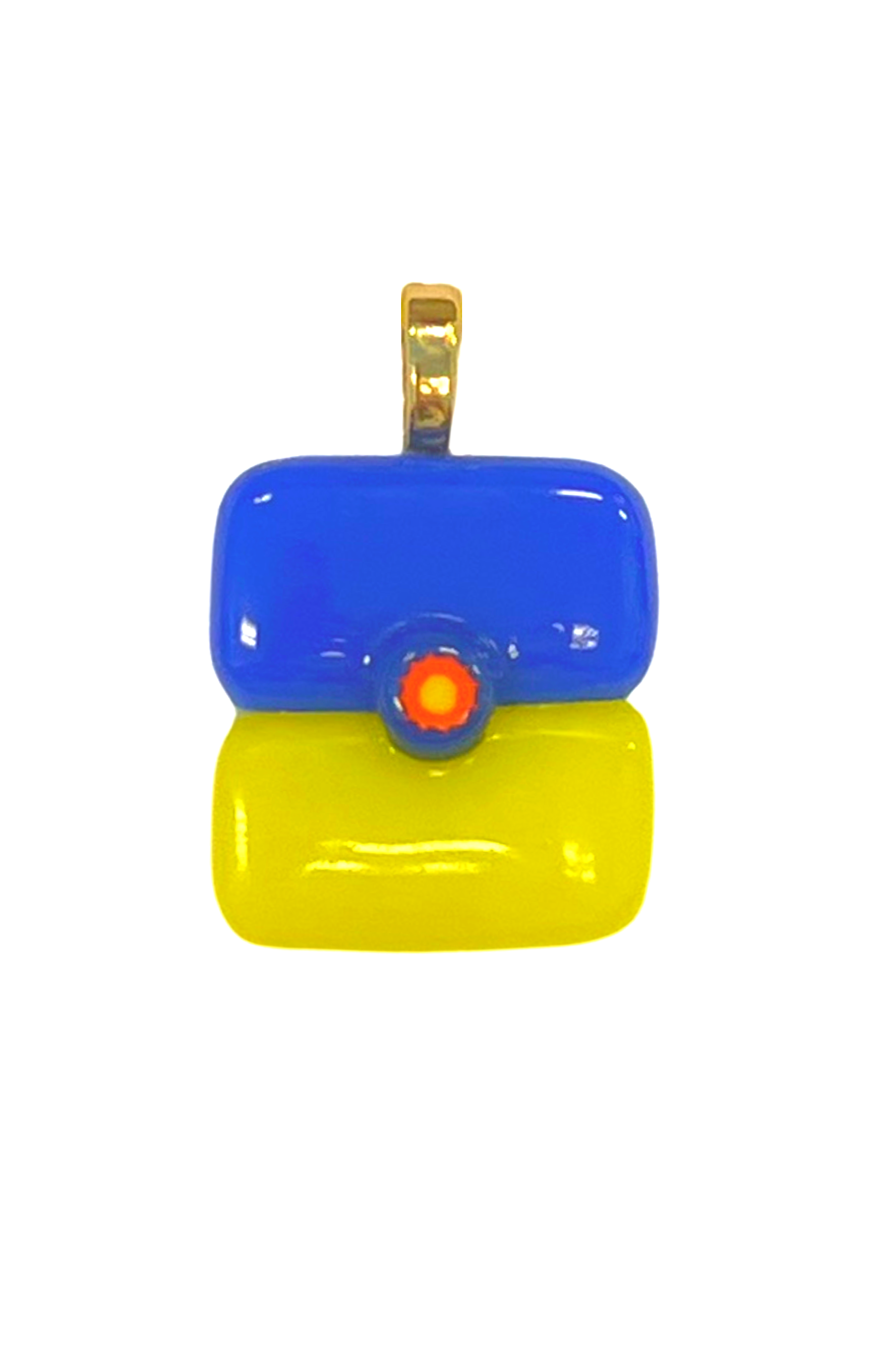 Blue and yellow fused glass pendant. Square