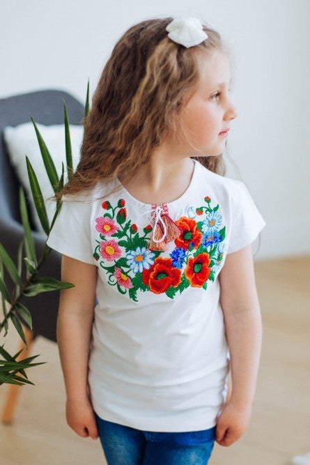Girl's short sleeve embroidered white shirt "Wildflowers"