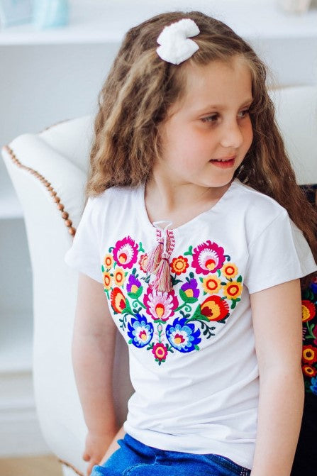 Girl's short sleeve white shirt with floral embroidery "Kvity"