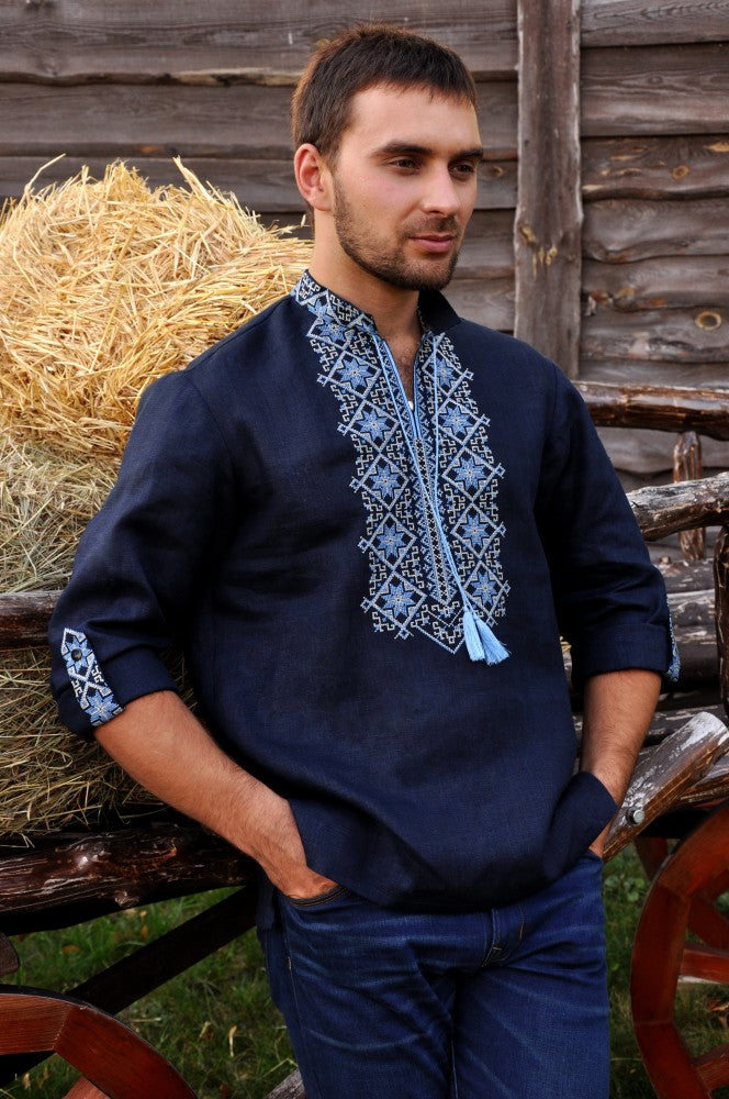 Men's Vyshyvanka. Navy shirt with blue embroidery