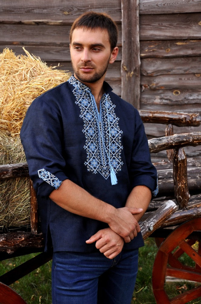 Men's Vyshyvanka. Navy shirt with blue embroidery