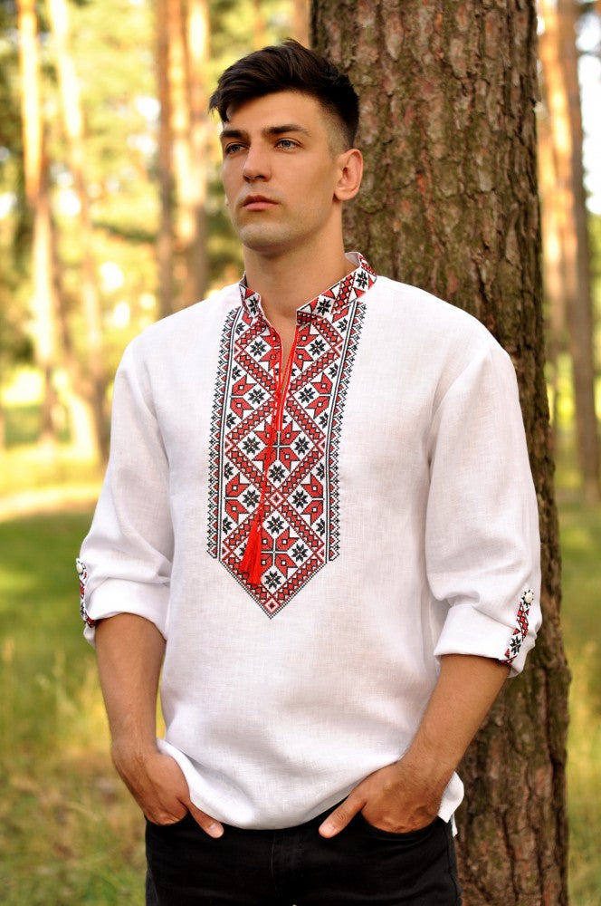 Men's white Vyshyvanka with red and black embroidery