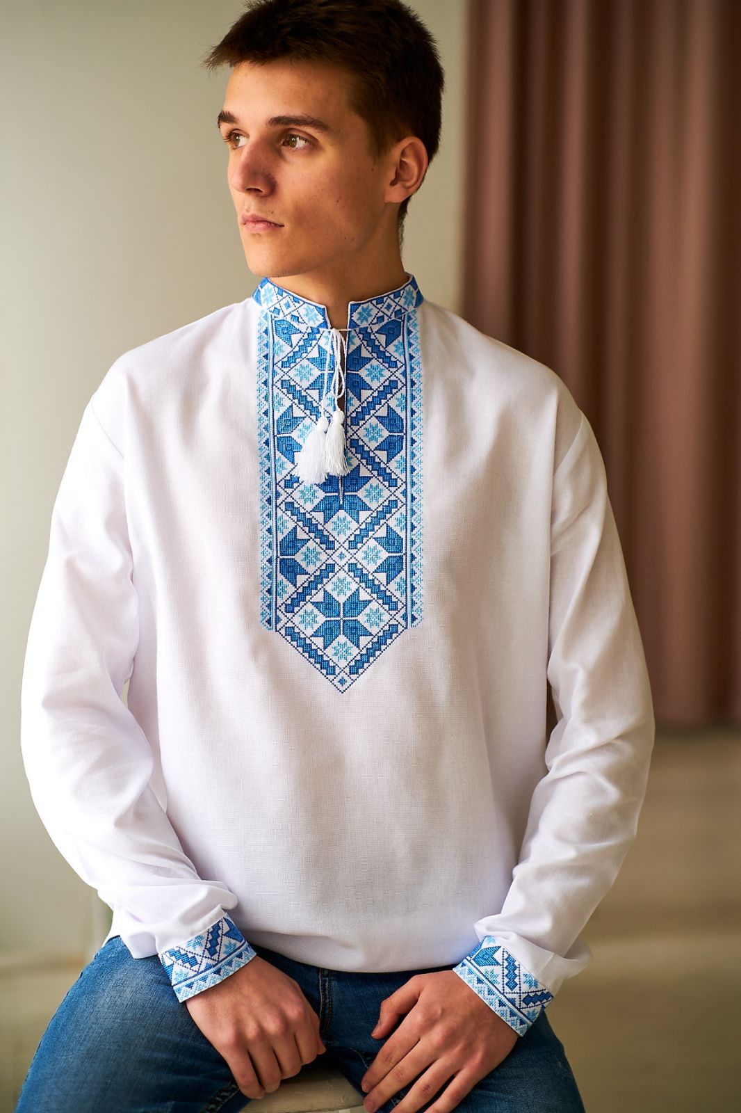Men's white Vyshyvanka with blue embroidery