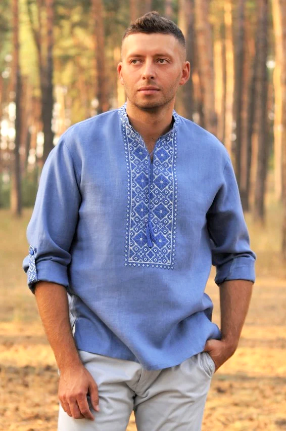 mens dusty blue dress shirt Men's linen Vyshyvanka. with blue embroidery Category_Bar Mitzvah Looks Black Sequin Strapless Sheer our newest button down Wash:SHIBORI WASH