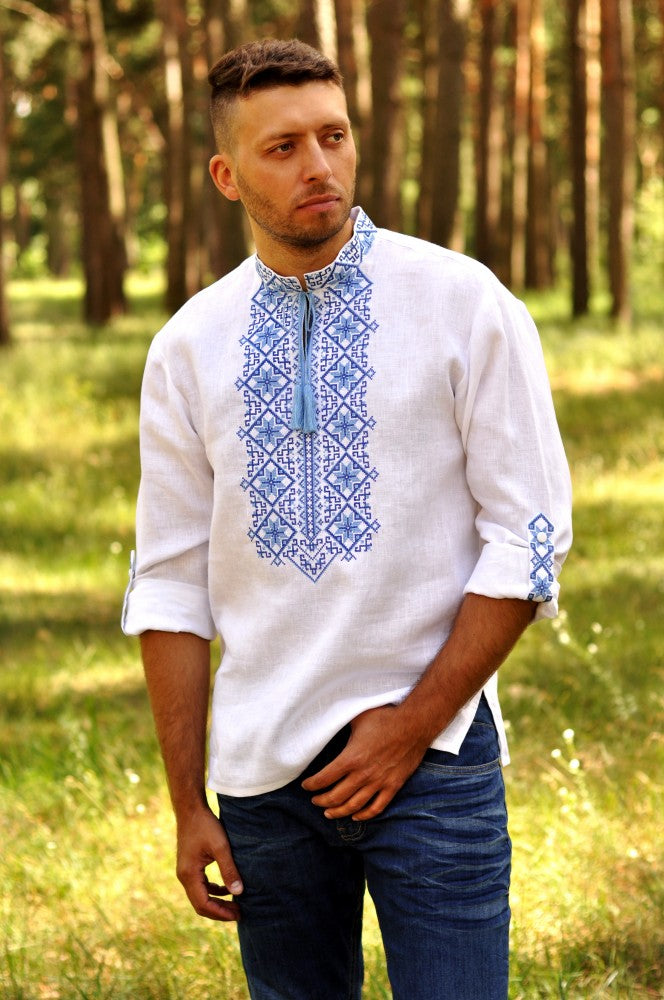 Men's Vyshyvanka. White shirt with blue embroidery